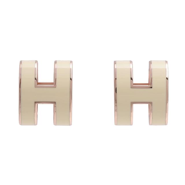 【Hermes 愛馬仕】經典立體H LOGO簍空橢圓穿式耳環(白X玫瑰金 H608001F-WHI ROSE)