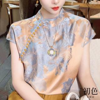 【初色】復古中國風山茶花印花短袖寬鬆襯衫上衣-香檳色-32931(M-2XL可選)