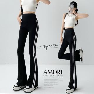 【Amore】顯瘦高彈束腰條紋喇叭芭比褲M-XXL(經典條紋設計)