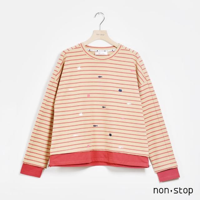 【non-stop】貓咪刺繡條紋配色T恤-1色