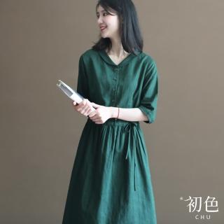 【初色】棉麻風娃娃領素色半排扣系帶收腰顯瘦五分袖連身裙洋裝-綠色-32949(M-2XL可選)