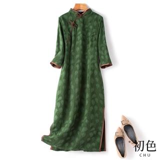 【初色】棉麻風復古旗袍碎花印花收腰顯瘦連身裙洋裝-綠色-32948(M-2XL可選)