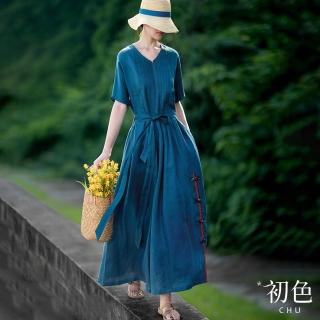 【初色】V領系帶收腰棉麻風復古五分袖連身裙洋裝-藍色-32952(M-2XL可選)