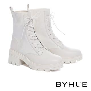 【BYHUE】韓系日常牛皮拼接彈力綁帶軟芯高跟短靴(白)