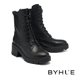 【BYHUE】韓系日常拼接剪裁全真皮綁帶軟芯高跟短靴(黑)
