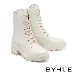 【BYHUE】韓系日常拼接剪裁全真皮綁帶軟芯高跟短靴(米白)