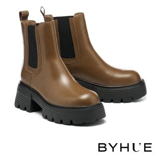 【BYHUE】簡約率性牛皮拼接軟芯切爾西厚底短靴(綠)