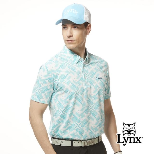 【Lynx Golf】男款吸溼排汗機能滿版不規則圖樣印花領尖扣設計短袖POLO衫/高爾夫球衫(綠松色)