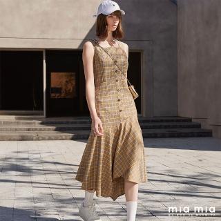 【mia mia】黃格紋方領洋裝