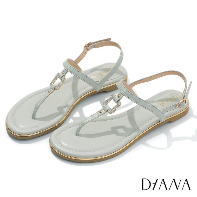 【DIANA】1.5cm壓紋牛皮仿蜥蜴紋水鑽方釦T字涼鞋(湖水藍)