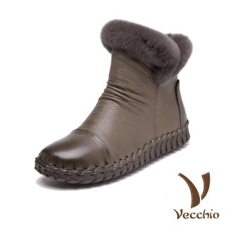 【Vecchio】真皮短靴 牛皮短靴/全真牛兔毛絨頭層牛皮手工舒適百搭短靴(棕)