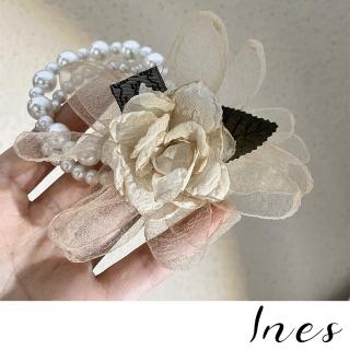 【INES】法式優雅氣質立體玫瑰花朵珍珠造型髮繩(玫瑰髮繩 花朵髮繩)