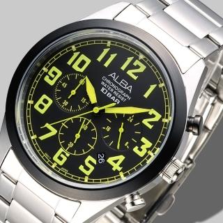 【ALBA】雅柏手錶 IP黑框個性潮流三眼碼錶計時男錶-綠刻/AT3531X1(保固二年)