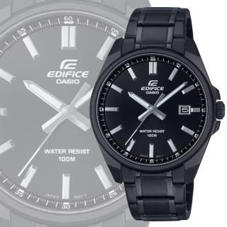 【CASIO 卡西歐】EDIFICE 堅實俐落時標 大三針運動風腕錶-全黑 鋼帶(EFV-150DC-1AV 防水100米)