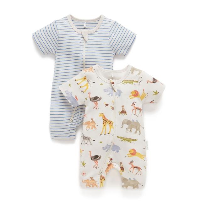 【Purebaby】澳洲有機棉 嬰兒短袖連身衣雙件組 水彩動物(新生兒 包屁衣 滿月禮)