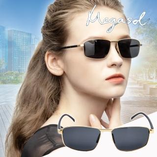 【MEGASOL】UV400防眩偏光太陽眼鏡時尚中性飛行員款墨鏡(帥氣矩形大方框細緻金屬鏡架201912-5色選)