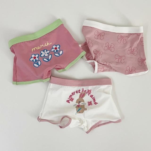 【韓國 V.Bunny】女童女孩100-160cm棉質內褲3件組 - 粉色花朵兔子蝴蝶結滾邊(TM2402-307)