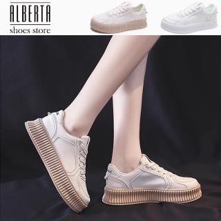 【Alberta】跟高 4cm 小白鞋系帶鬆糕底餅乾鞋學生休閒運動鞋厚底板鞋 2色