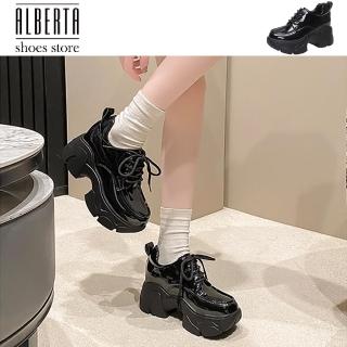 【Alberta】跟高 6.5cm 內增高 2cm 小皮鞋 系帶厚底粗跟高跟單鞋英倫風樂福鞋 黑色女鞋