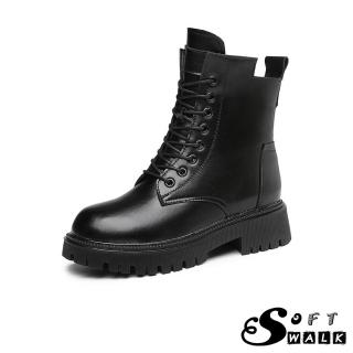 【SOFT WALK 舒步】真皮馬丁靴 粗跟馬丁靴/真皮時尚復古厚底粗跟馬丁靴(黑)