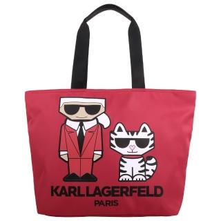 【KARL LAGERFELD 卡爾】老佛爺&貓 尼龍手提旅行袋(紅)