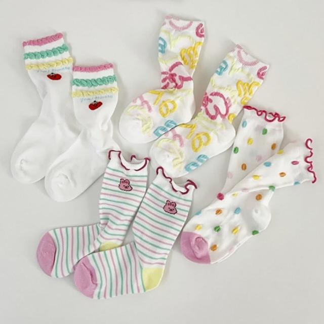 【韓國 V.Bunny】女童兒童襪中筒襪4雙組 - 兔兔刺繡彩色捲邊(TM2402-314)