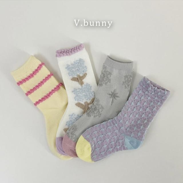 【韓國 V.Bunny】女童兒童襪中筒襪4雙組 - 花朵花紋線條淺紫(TM2402-316)