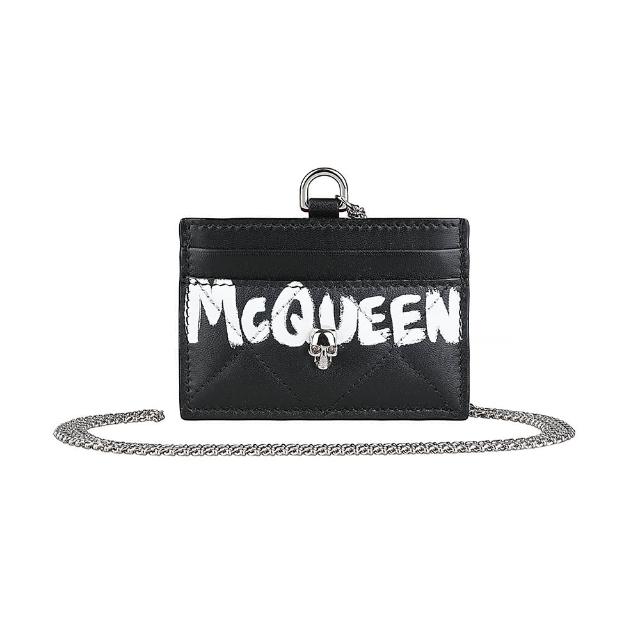 【Alexander McQueen】ALEXANDER McQUEEN 經典塗鴉LOGO骷髏頭設計小牛皮3卡掛繩卡片夾(黑)