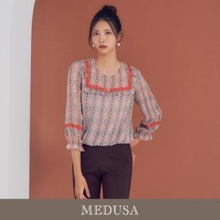 【MEDUSA 曼度莎】現貨-方領裝飾印花雪紡上衣（M-2L）｜女上衣 休閒上衣(201-20201)