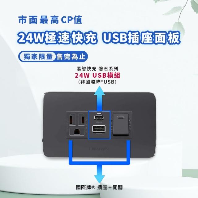 【易智快充】磐石系列-國際牌 Panasonic Risna灰色面板 24W USB快充插座(AC插座+24W USB+開關)