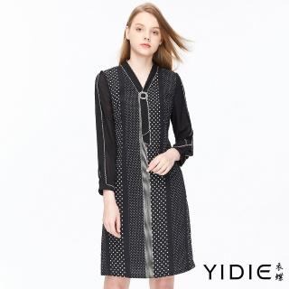 【YIDIE 衣蝶】復古圓點拼接蕾絲V領洋裝-黑