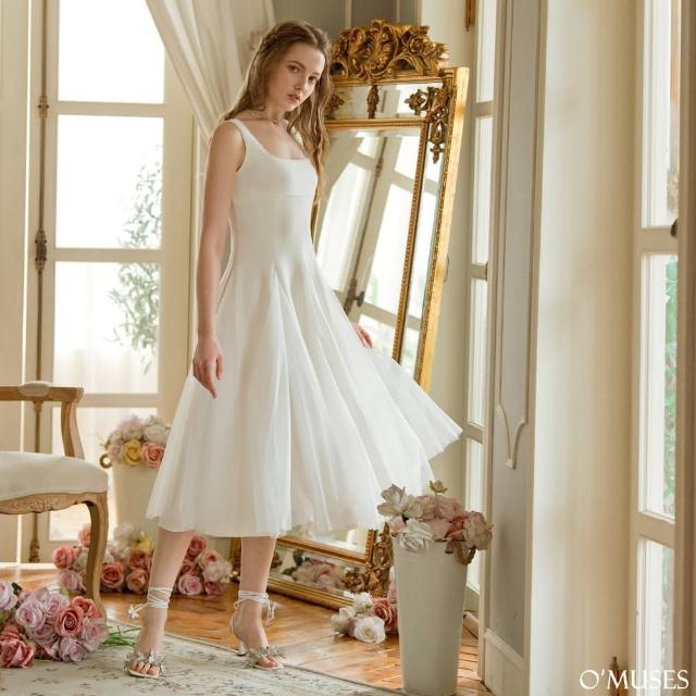 【OMUSES】簡約方領鑽白色紗裙長洋裝60-7356(S-2L)