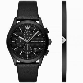 【EMPORIO ARMANI】亞曼尼 Paolo 義式三眼手錶手環禮盒組-42mm 畢業禮物(AR80070SET)