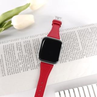 【Watchband】Apple Watch / 全系列通用錶帶 蘋果手錶替用錶帶 荔枝紋 銀鋼扣 真皮錶帶(紅色)