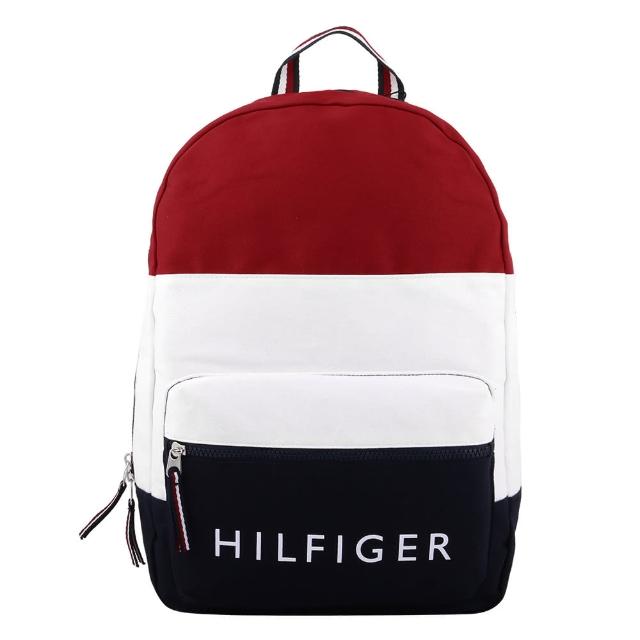 【Tommy Hilfiger】白字母標誌帆布手提後背包(紅x藍x白)
