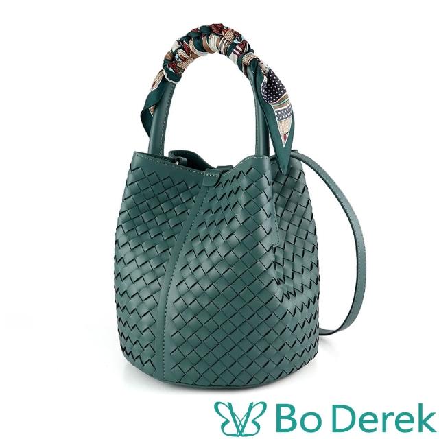 【Bo Derek】絲巾皮革編織手提斜背水桶包(藍綠色)