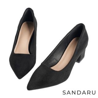 【SANDARU 山打努】跟鞋 尖頭素面絨布粗方中跟鞋(黑)