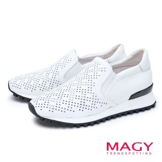 【MAGY】牛皮閃鑽鏤空厚底休閒鞋(白色)