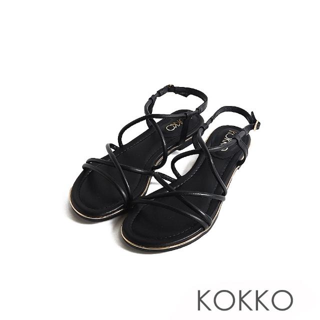 【KOKKO 集團】小清新線條交叉感軟Q細帶涼鞋(黑色)