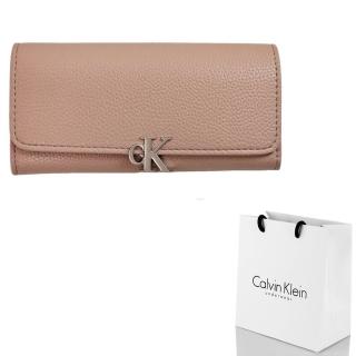 【Calvin Klein 凱文克萊】calvin klein 立體logo磁扣式荔枝紋掀翻長夾 乾燥玫瑰粉色