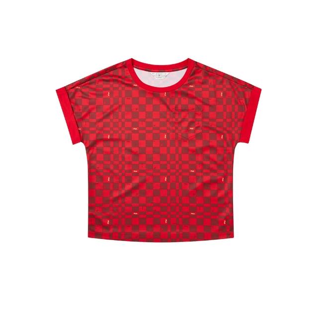 【FILA官方直營】女吸濕排汗棋盤格短袖圓領T恤-紅色(5TEY-1744-RD)