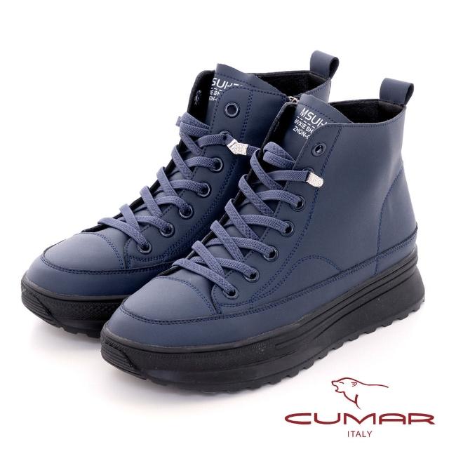 【CUMAR】素面彈力綁帶高筒厚底休閒鞋(藍色)