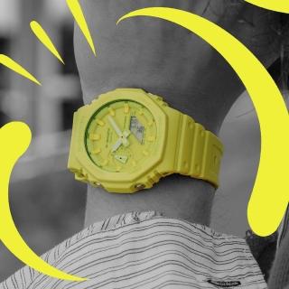 【CASIO 卡西歐】G-SHOCK 單色美學八角錶殼耐衝擊運動雙顯腕錶/霓光黃(GA-2100-9A9)