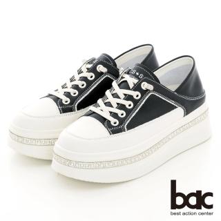 【bac】懶人彈力鞋帶厚底鑽飾休閒鞋(黑色)