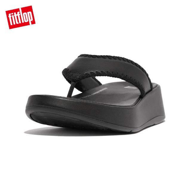 【FitFlop】F-MODE CROCHET-STITCH LEATHER FLATFORM TOE-THONGS編織皮革造型夾腳涼鞋-女(黑色)