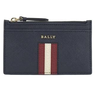 【BALLY】經典LOGO紅白紅條紋皮革信用卡名片5卡零錢包(深藍)