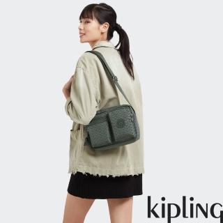 【KIPLING官方旗艦館】軍綠老花格紋多前袋側肩包-ALBENA M