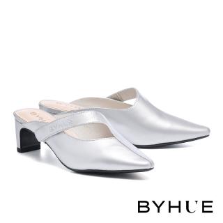 【BYHUE】別致不對稱簍空金屬牛皮軟芯尖頭高跟穆勒拖鞋(銀)