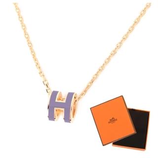 【Hermes 愛馬仕】H147992F 11 經典Mini Pop H立體簍空橢圓LOGO金邊項鍊(淡紫色)