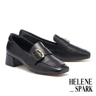 【HELENE_SPARK】別致拼接釦寬帶全真皮樂福方頭高跟鞋(黑)